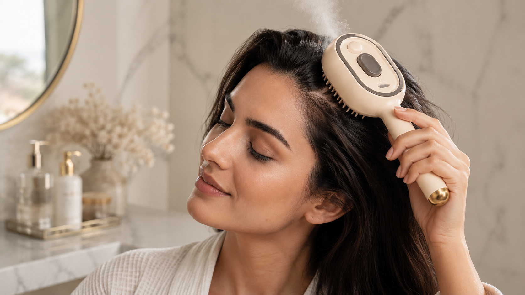 femme utilisant une brosse cuir chevelu dans une routine cheveux premium