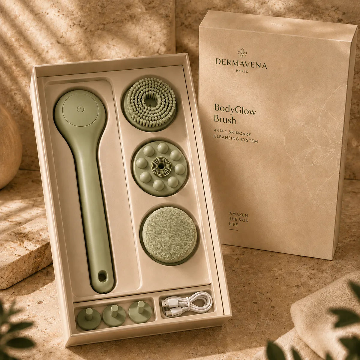 Coffret BodyGlow Brush avec brosse, têtes interchangeables et chargeur
