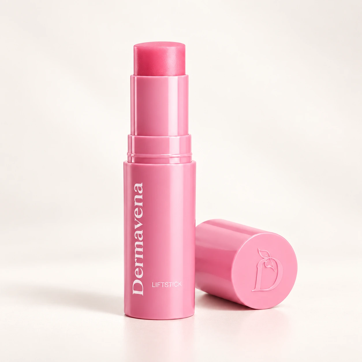 LiftStick Dermavena rose ouvert avec son capuchon sur fond ivoire uni