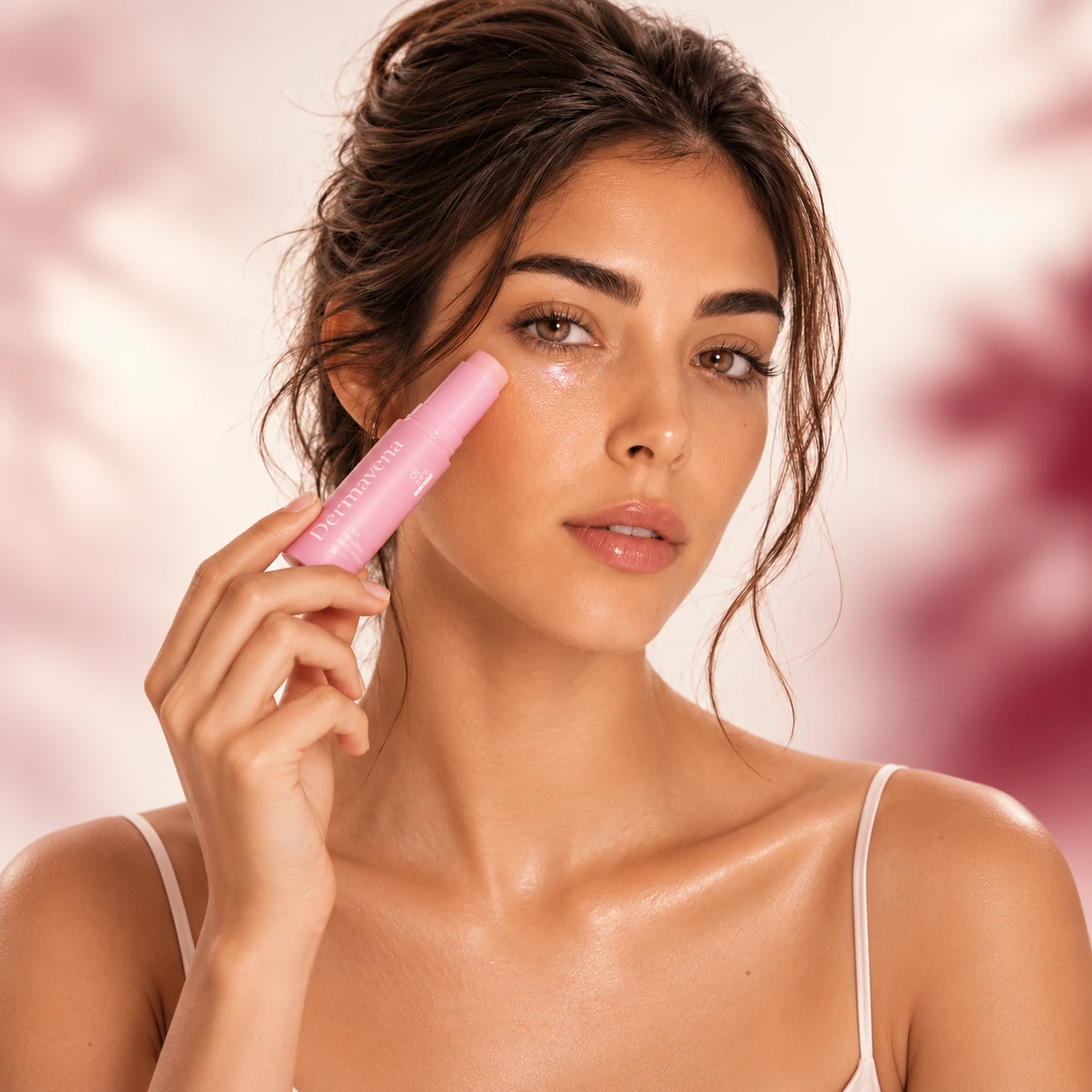 Femme tenant le stick rose Dermavena près de sa joue, fond ivoire et bordeaux