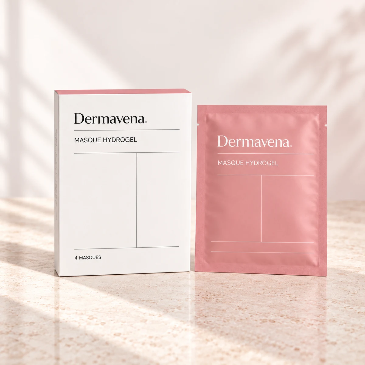 Masque Hydrogel Dermavena, boîte de quatre masques et sachet rose