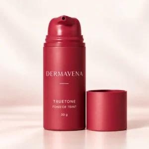 TrueTone Dermavena 30 g, flacon bordeaux et capuchon sur fond ivoire